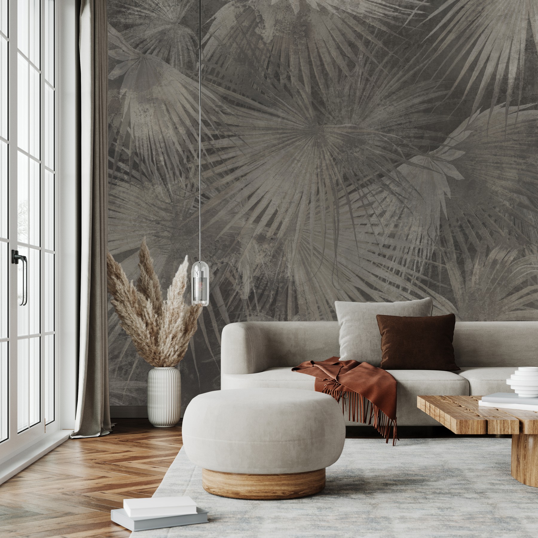 Palm Leaf Fresco - Charcoal | WALLPAPER