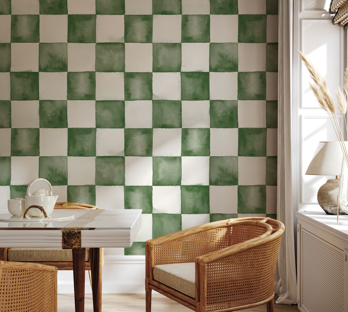 Watercolour Check 300mm - Deep Green | WALLPAPER