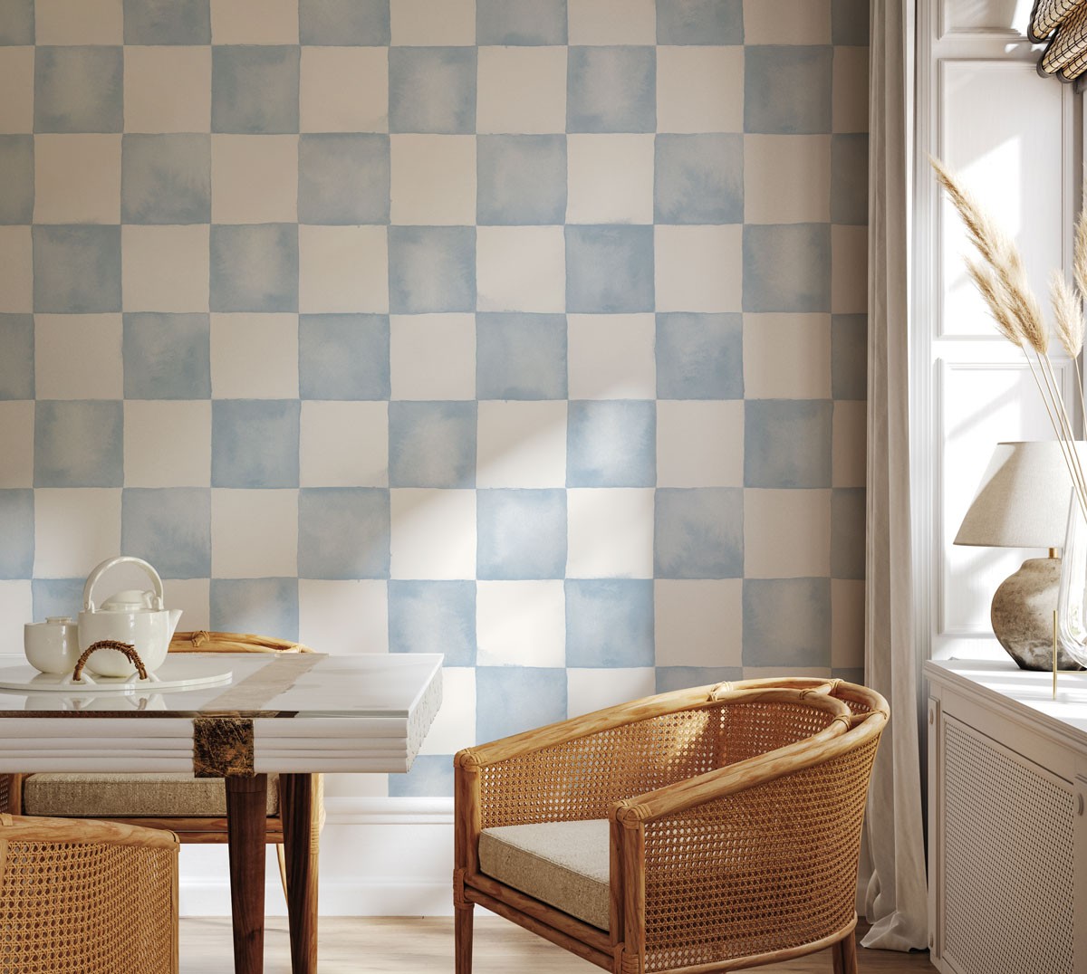 Watercolour Check 300mm - Slate Blue | WALLPAPER