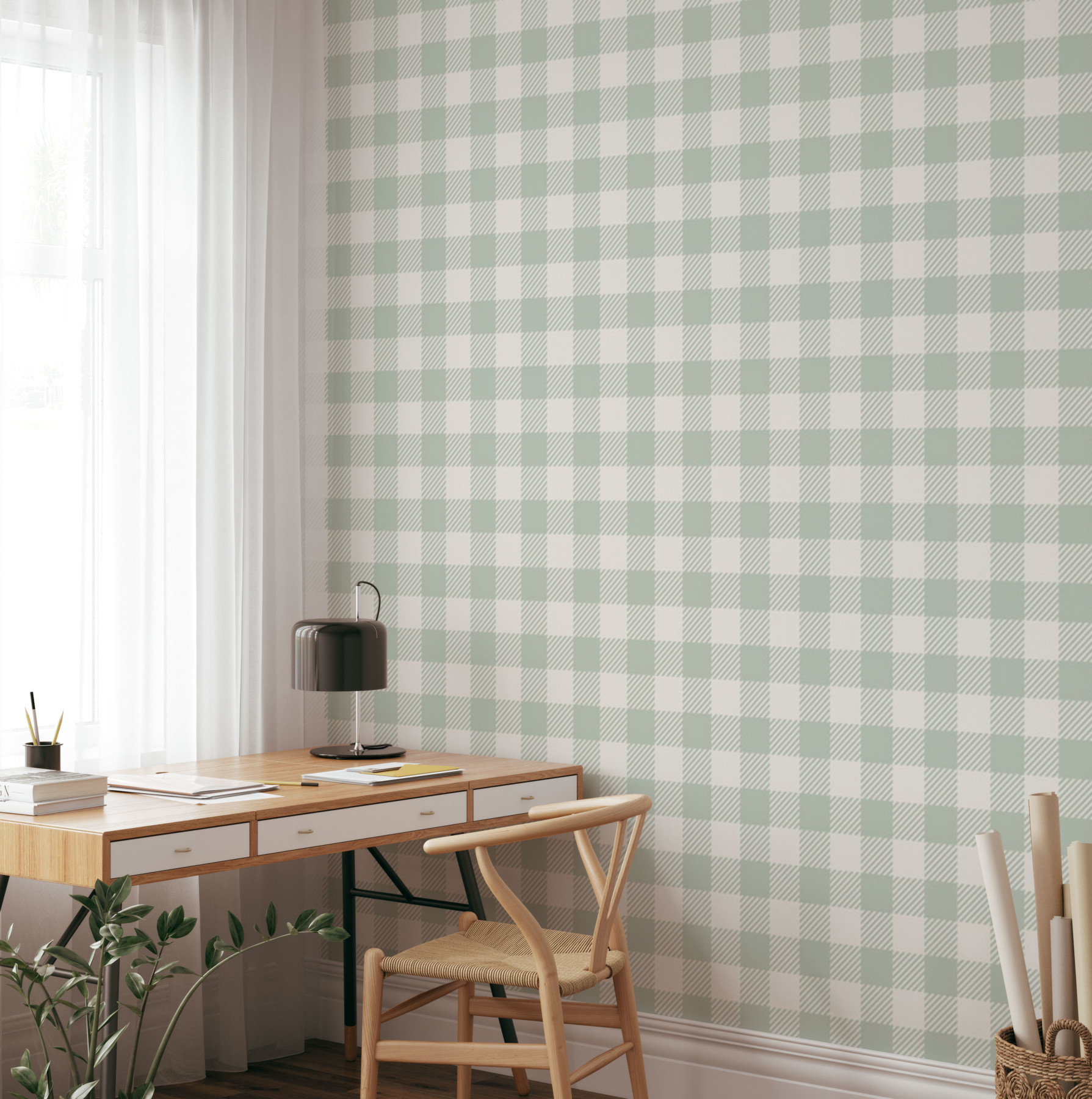 White Traditional Check Wallpaper in Sage Green