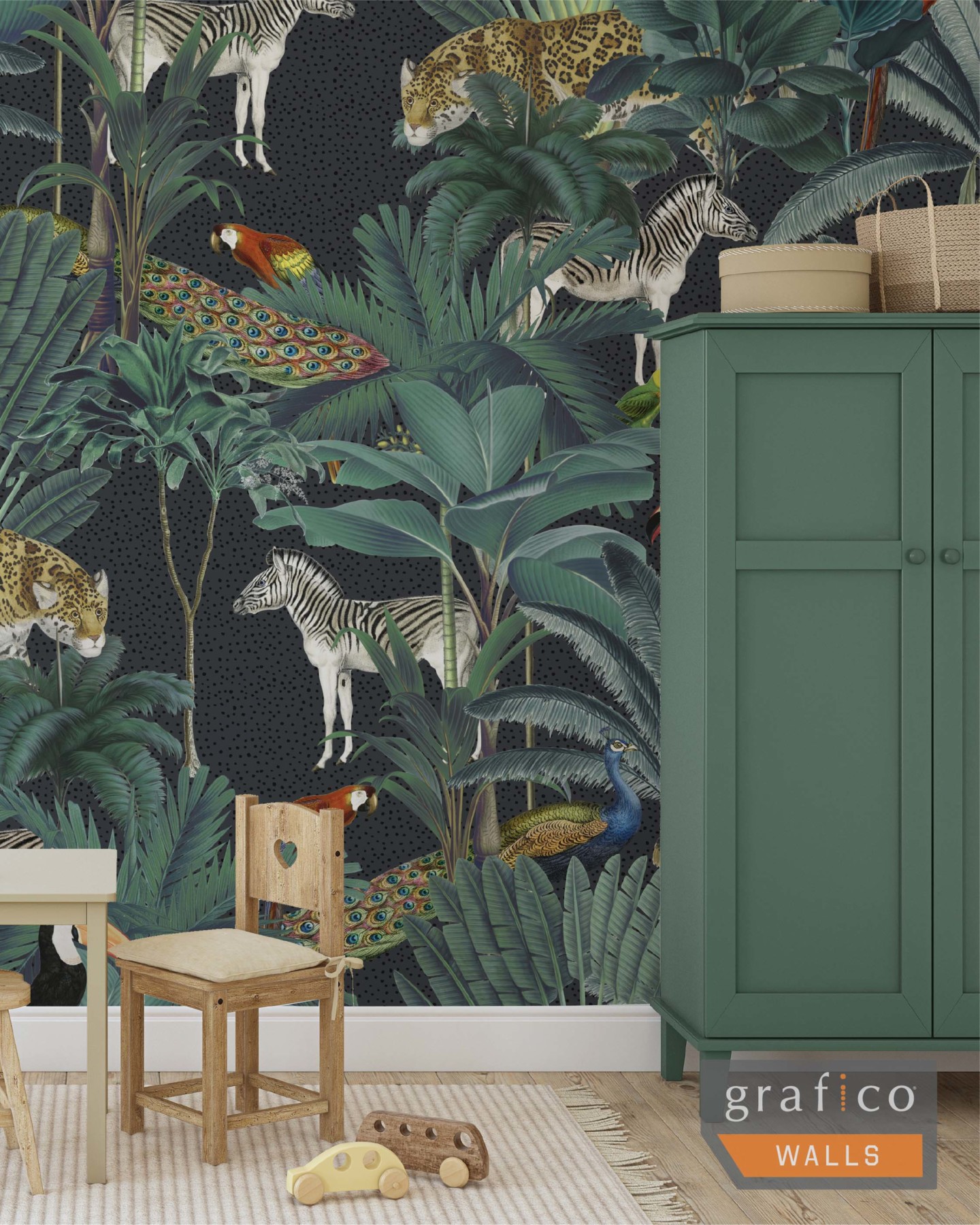 Animal Palm Jungle - Grey + Dots Wallpaper | Grafico Melbourne