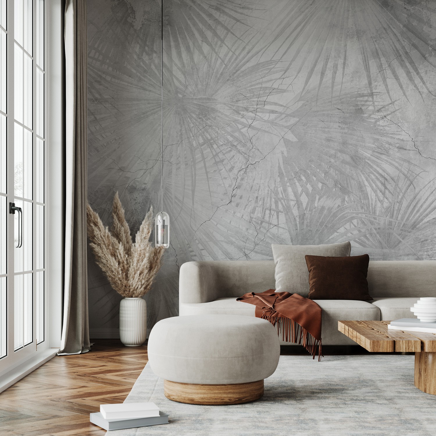 Palm Leaf Fresco - Grey | WALLPAPER