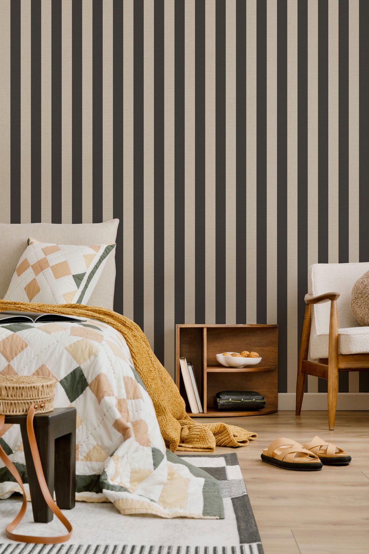 Striped Linen 60mm - Charcoal | WALLPAPER