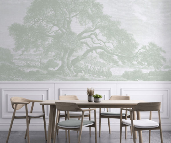 image of Twisting Oak - Sage Green Wallpaper Mockup