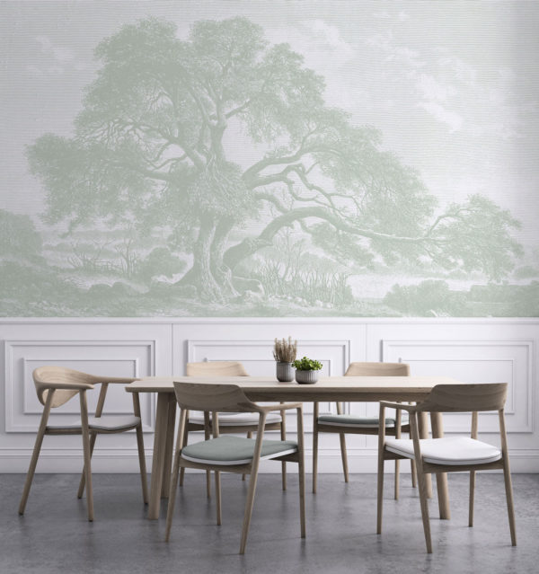 image of Twisting Oak - Sage Green Wallpaper Mockup