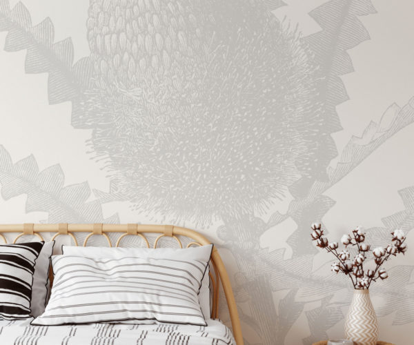 image of Etched Banksia - Light Grey Wallpaper Mockup