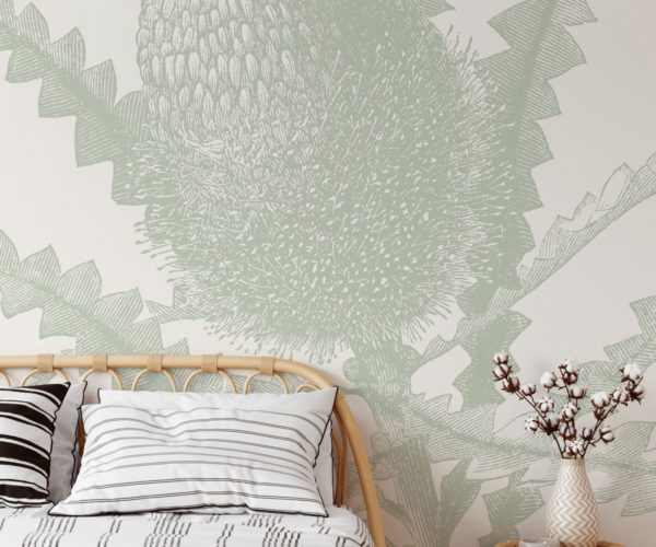 image of Etched Banksia - Sage Green Wallpaper Mockup
