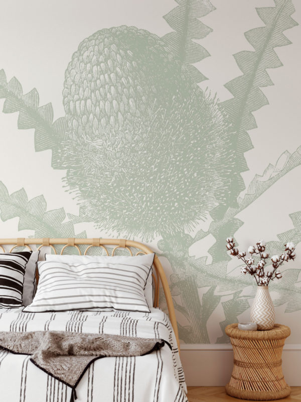 image of Etched Banksia - Sage Green Wallpaper Mockup