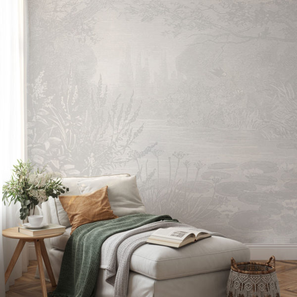 image of Lily Pond - Light Grey Wallpaper Mockup