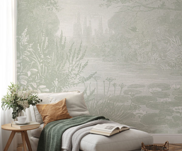 image of Lily Pond - Sage Green Wallpaper Mockup