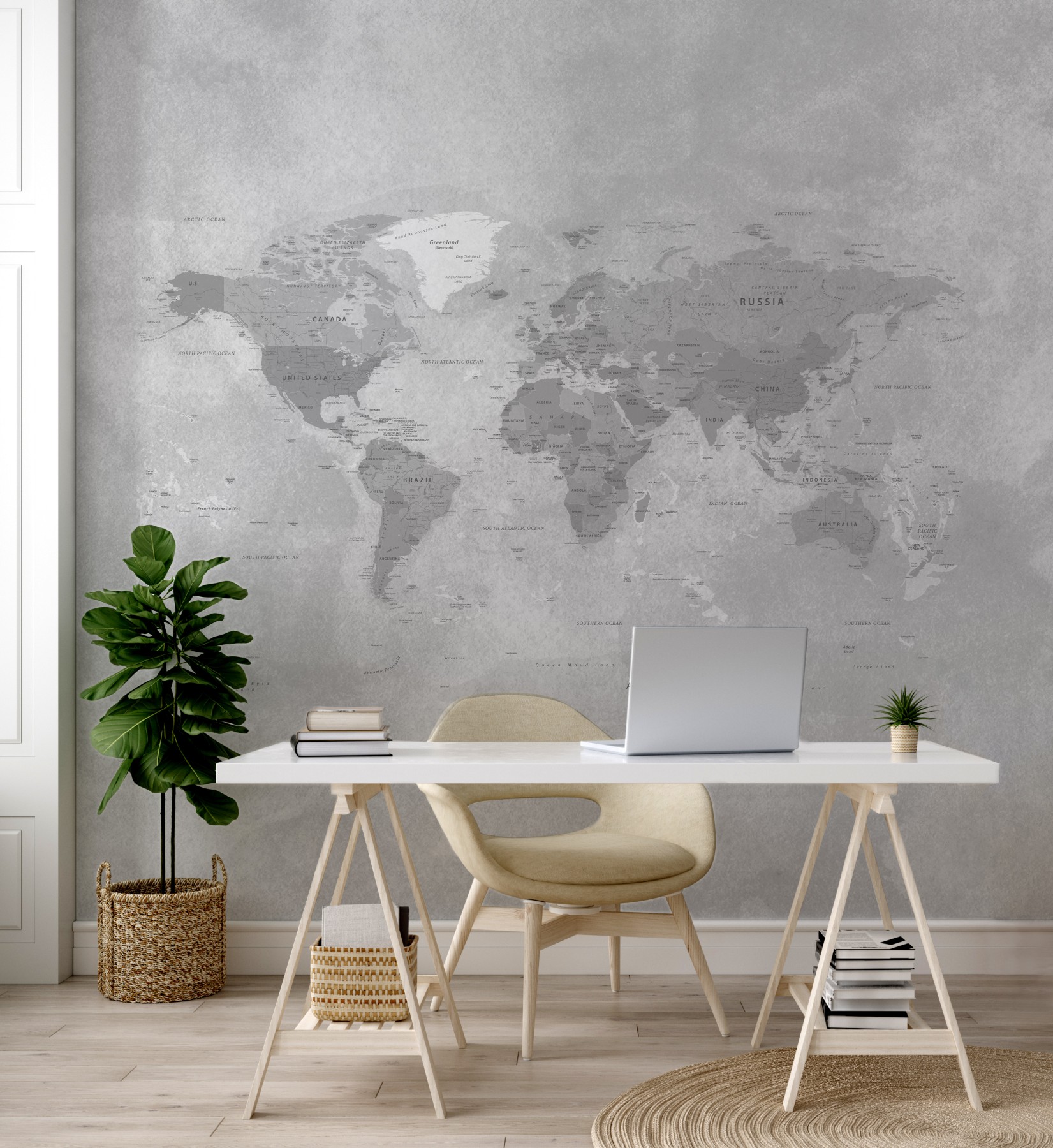 Detailed World Map Black & White Self Adhesive Wallpaper - Grafico Australia