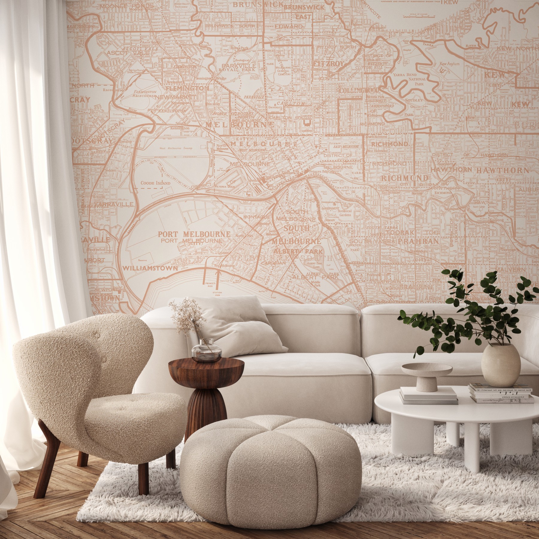 Melbourne Vintage Map - Burnt Orange - Wallpaper - Grafico Melbourne
